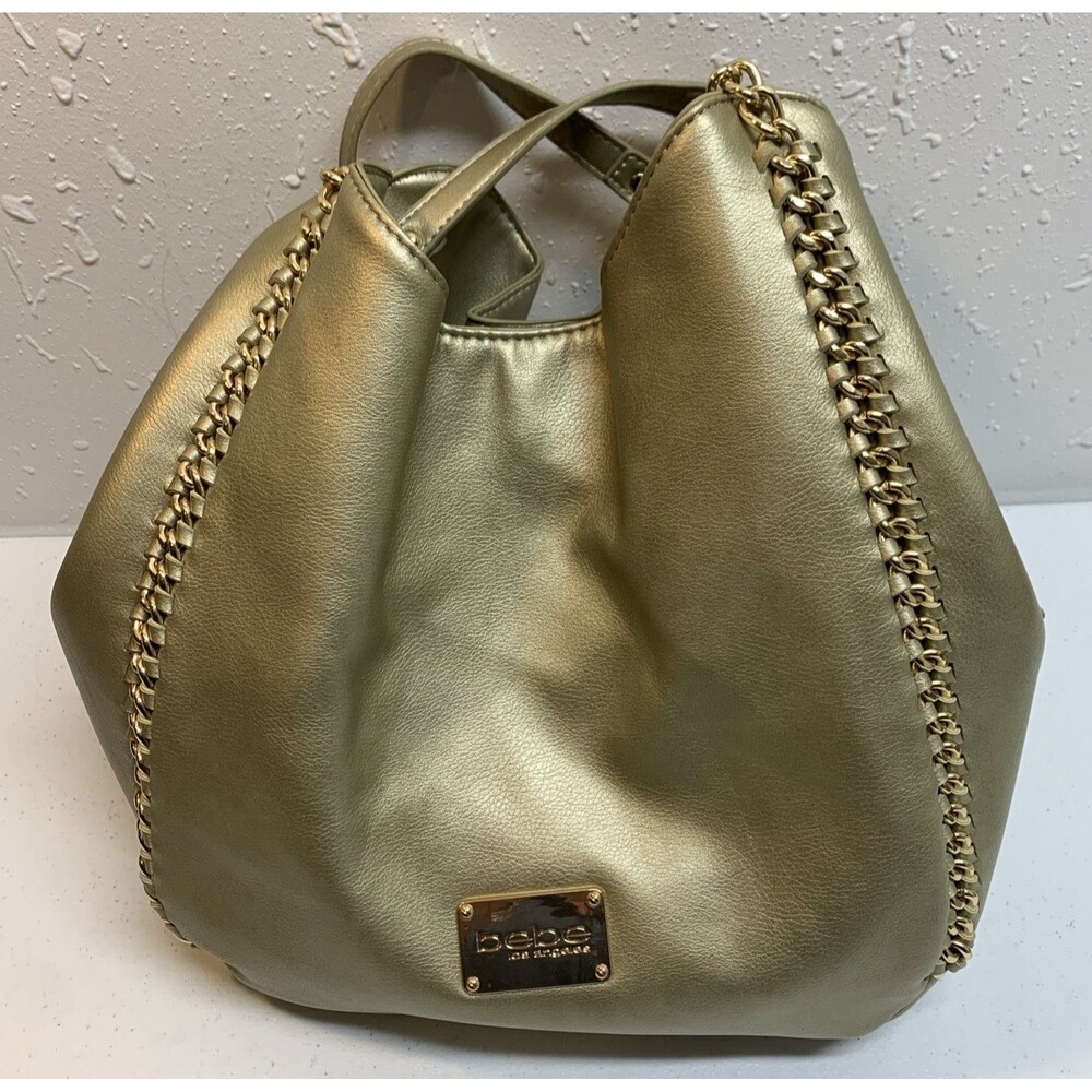 New Bebe Colette Triple Entry Gold Metallic Chain Purse Shoulder Bag Tote $109